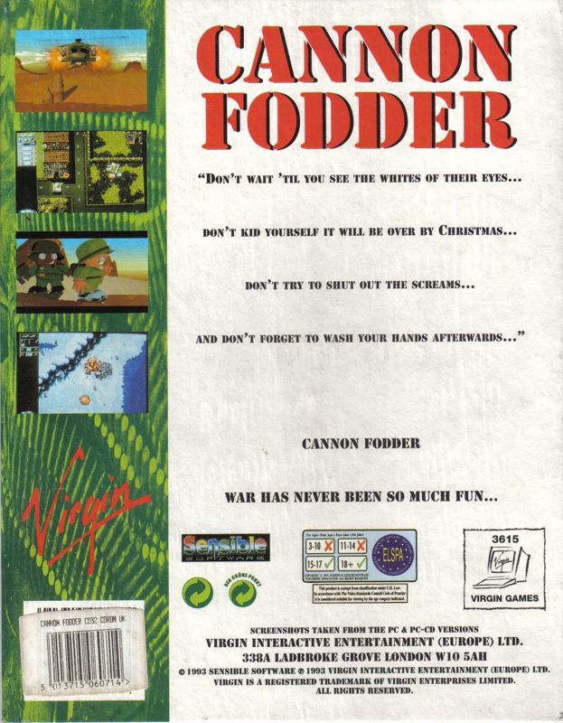 Cannon Fodder box art for Amiga CD32